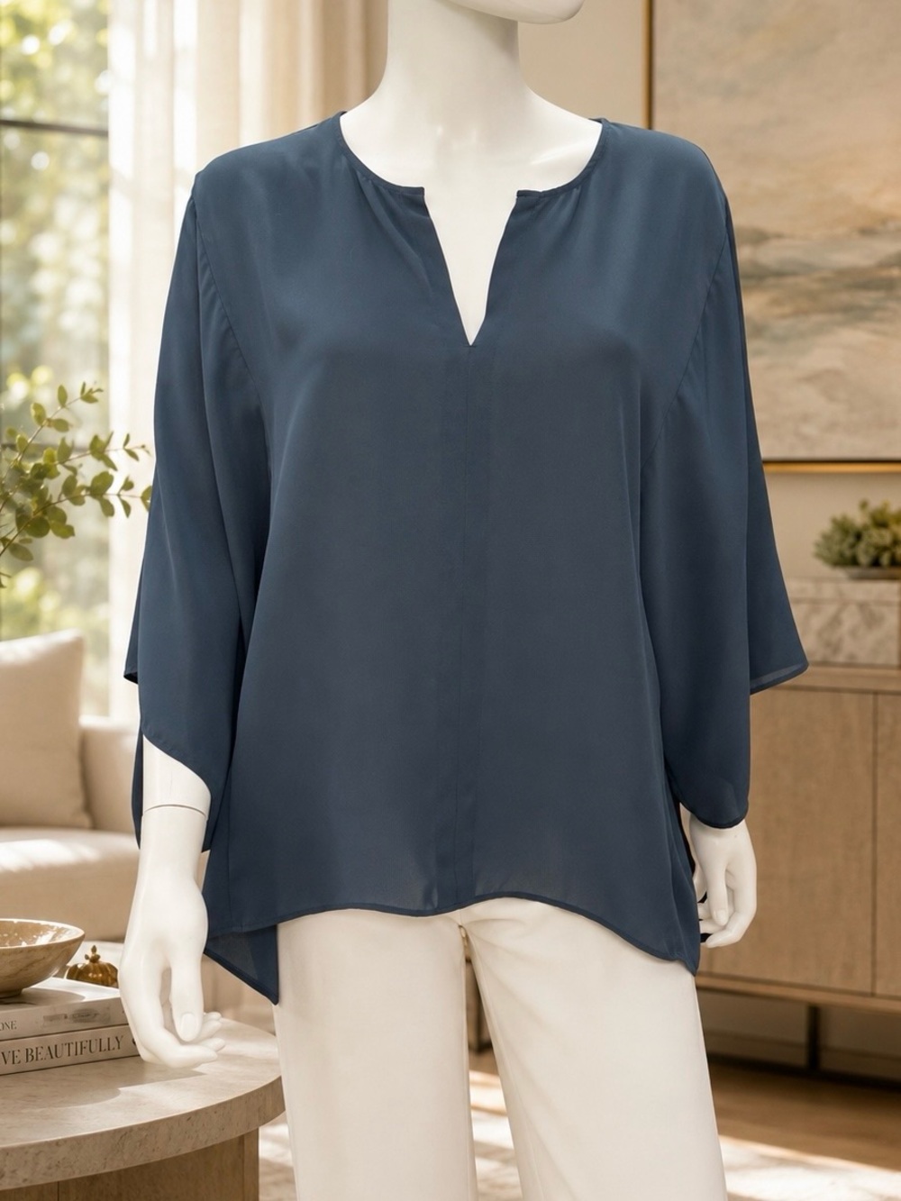 Club Monaco V-Neck Blouse in Slate Blue Size Large